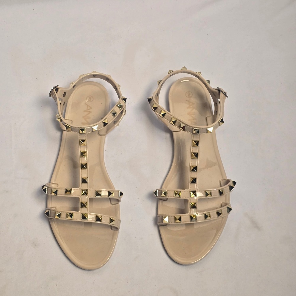 Anna Steve-4 Nude Jelly Sandals Gold Studded Caged T-Strap Flat Gladiator Size 9